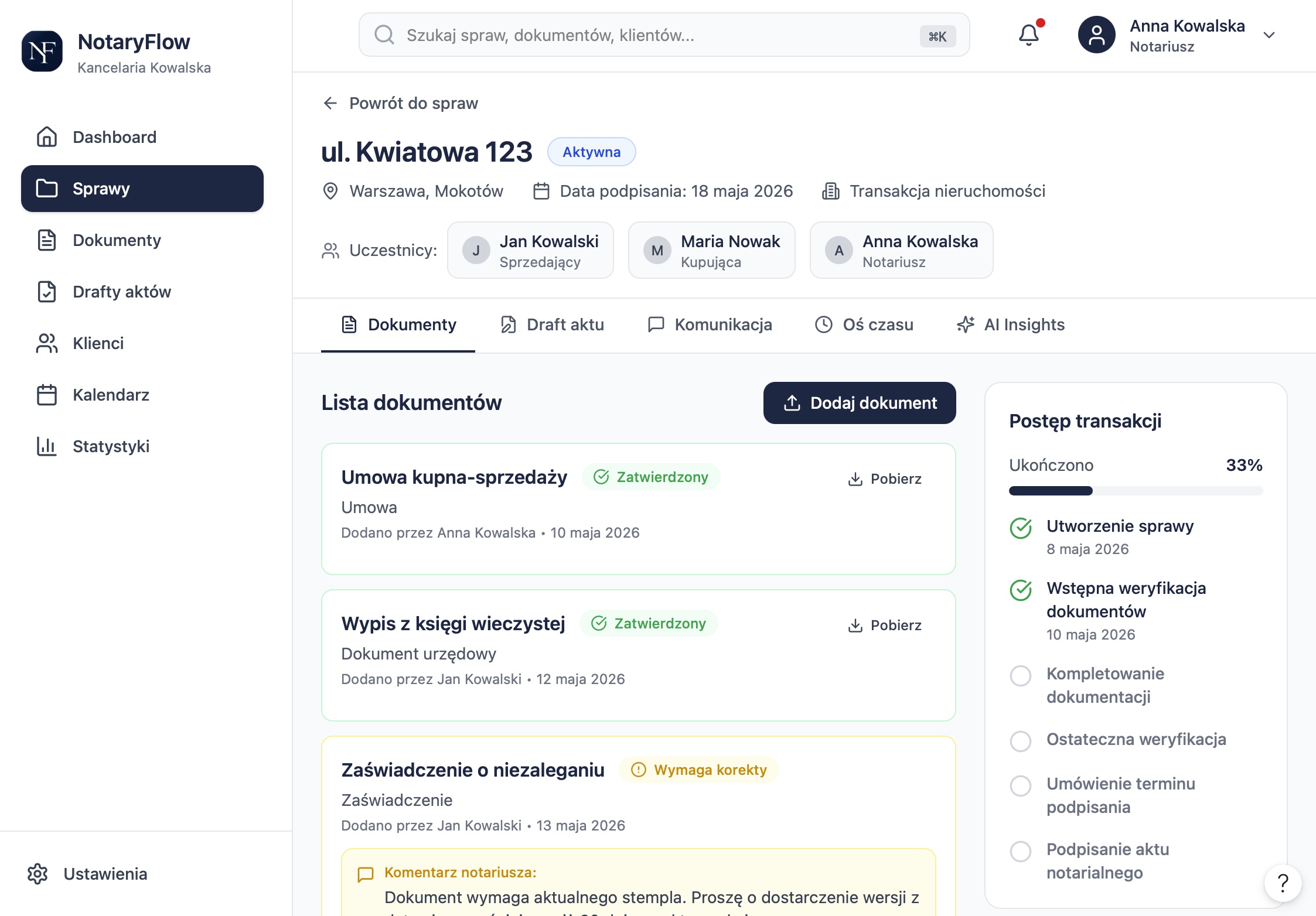 Panel kancelarii NotaryFlow z dokumentami i postępem transakcji